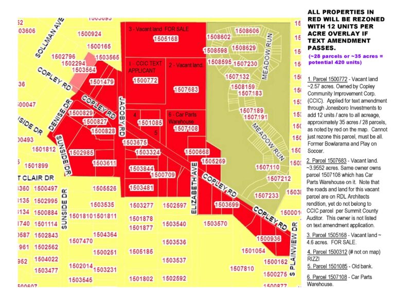 Annotated parcel map of Copley-Jacoby text amendment area.